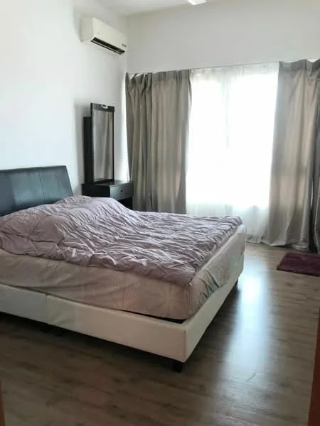 Bedroom features: king-size bed with upholstered headboard, bedding in light purple, wooden flooring, floor-to-ceiling window, sheer curtains, dark wood bedside table, full-length mirror, 1 wall-mounted split AC, area rug in dark color; style: modern.