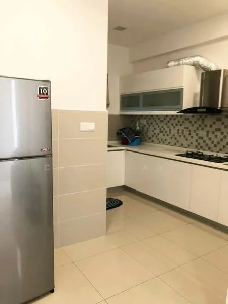 Kitchen features: stainless-steel fridge, white cabinetry, grey and white mosaic tile backsplash, built-in oven, 4-burner gas hob, extraction hood, ceramic tile flooring, single-bowl stainless-steel sink, chrome pull-down faucet, countertop with smooth surface, under-cabinet lighting; style: modern.
