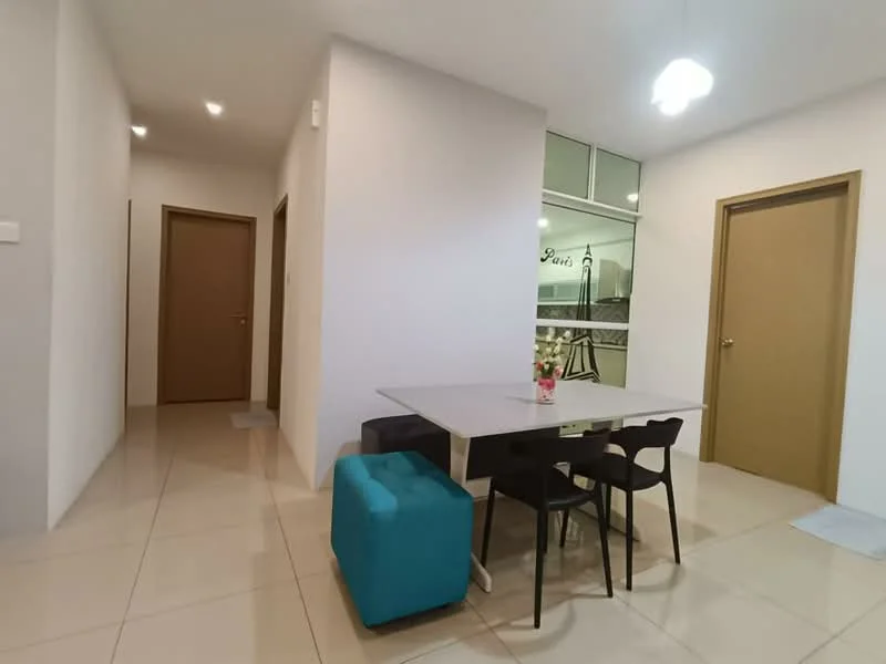 Dining features: rectangular dining table, 4 black dining chairs, blue ottoman, white walls, glossy tile flooring, ceiling light fixture, doorway leading to hallway, doorway leading to another room, large window with natural light; style: modern. Hallway features: white walls, glossy tile flooring, doorway leading to rooms; style: modern.