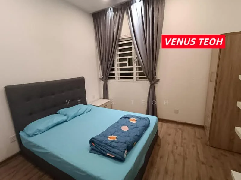 Bedroom features: queen-size bed with grey upholstered headboard, light blue bedding, wooden flooring, white painted walls, floor-to-ceiling window with sheer curtains, nightstand with drawer, table lamp, built-in wardrobe; style: modern.