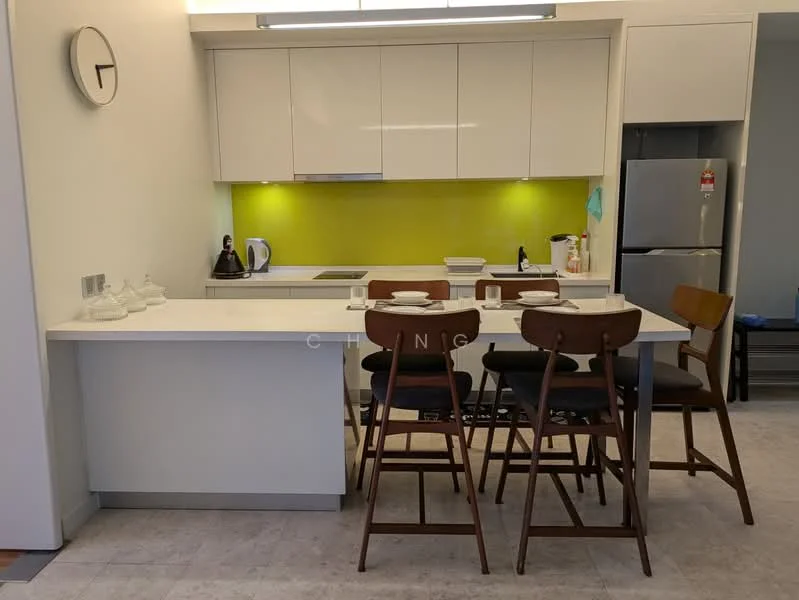 Kitchen features: white cabinetry, green backsplash, white countertop, stainless-steel fridge, built-in cooktop, kettle, toaster, bar stools, open shelving, wall-mounted light, pendant lighting, ceramic tile flooring; style: modern.
