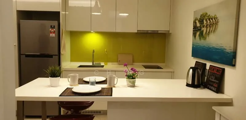 Kitchen features: white high-gloss cabinetry, green glass backsplash, white countertop, stainless-steel fridge, built-in cooktop, single-bowl stainless-steel sink, chrome pull-down faucet, kettle, 2 bar stools, decorative plant, table setting with plates and cups, wall-mounted artwork; style: modern.