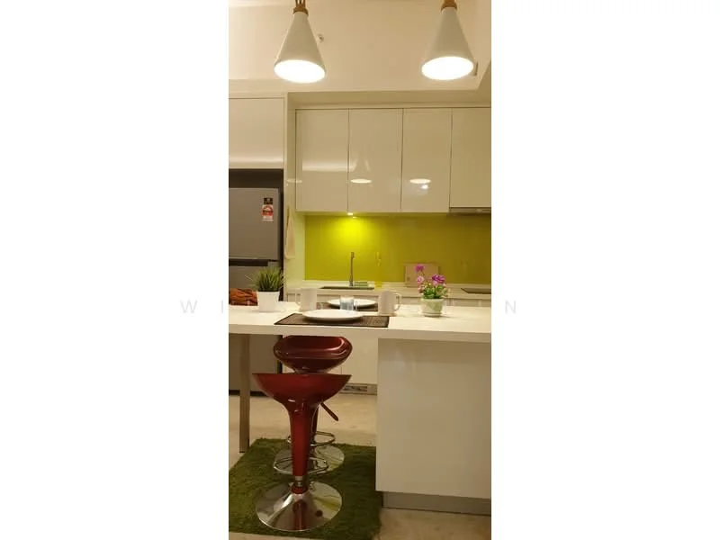 Kitchen features: white glossy cabinetry, green glass backsplash, white countertop, stainless-steel sink, chrome pull-down faucet, bar stool with red upholstery, pendant lighting, decorative plant on countertop, kitchen island, area rug under bar stool; style: modern.