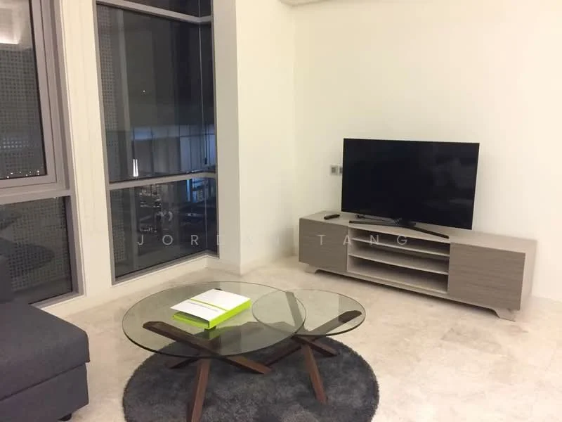 Living features: grey fabric sofa, glass coffee table, round area rug, wall-mounted TV, TV console in light wood, large windows with city view, neutral painted walls, marble tile flooring; style: modern; view: city.