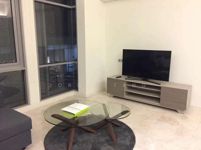 Living features: grey fabric sofa, glass coffee table, round area rug, TV console in light wood, wall-mounted TV, marble flooring, large windows, city view; style: modern; view: city.