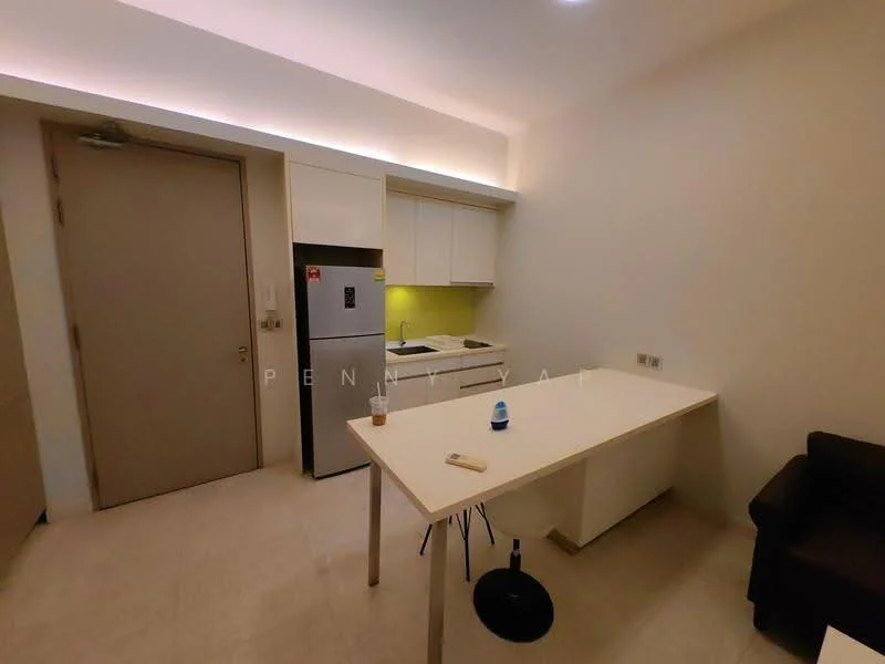 Kitchen features: white cabinetry, stainless-steel fridge, single-bowl stainless-steel sink, chrome pull-down faucet, white countertop, built-in oven, 2-bar stools, tile flooring, recessed LED downlights, cream painted walls; style: modern.