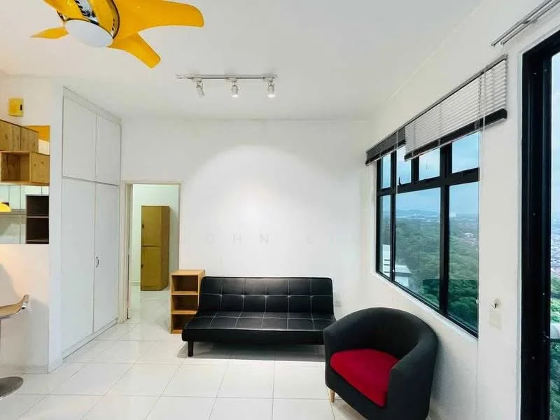 Living features: black leather sofa bed, red accent chair, white painted walls, white tile flooring, large windows with city view, ceiling fan with yellow blades, track lighting, built-in shelving unit, doorway leading to another room; style: modern; view: city.
