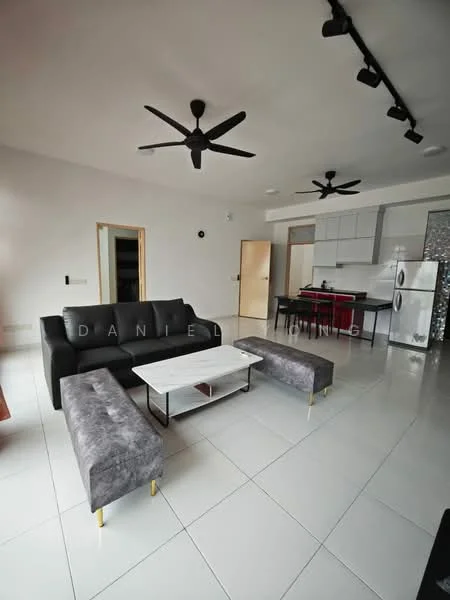 Living features: 3-seater fabric sofa in black, 2-seater fabric sofa in grey, coffee table with white top, wall-mounted TV, recessed LED downlights, 2 ceiling fans, white tiled flooring, plain white walls, open layout with kitchen visible; style: modern.