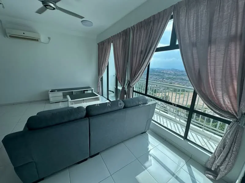 Living features: grey fabric sofa, white coffee table, floor-to-ceiling windows, sheer curtains, recessed downlights, wall-mounted split AC, white tiled flooring, mountain view; style: modern; view: mountain.