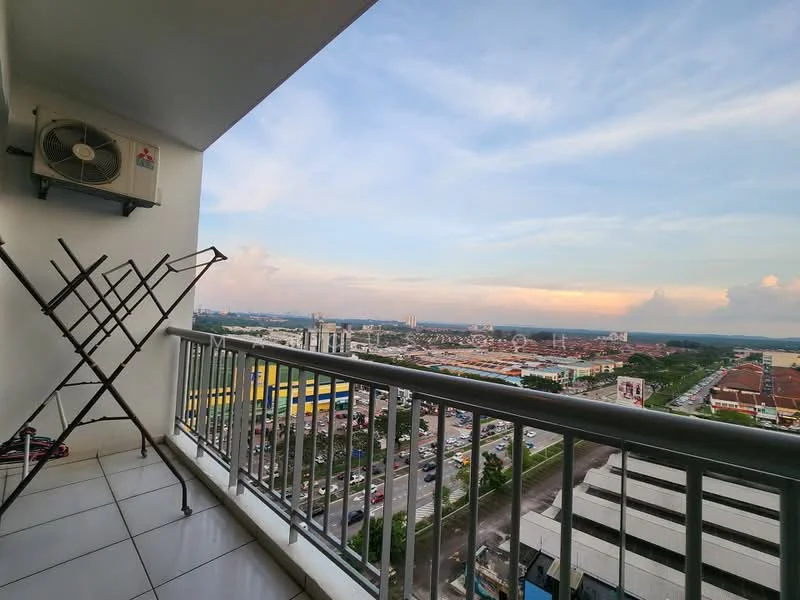 Room features: balcony with railing, floor-to-ceiling sliding glass door, white tiled flooring, wall-mounted split AC unit, clothes drying rack, city view, skyline view; view: city.