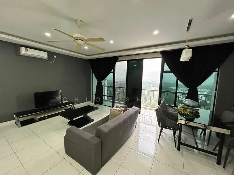 Living features: 5-blade ceiling fan with light, wall-mounted split AC, floor-to-ceiling windows, blackout curtains, grey fabric sofa, coffee table, TV console, wall-mounted TV, dining table with chairs, white tiled flooring, recessed downlights, decorative plant; style: modern; view: city.