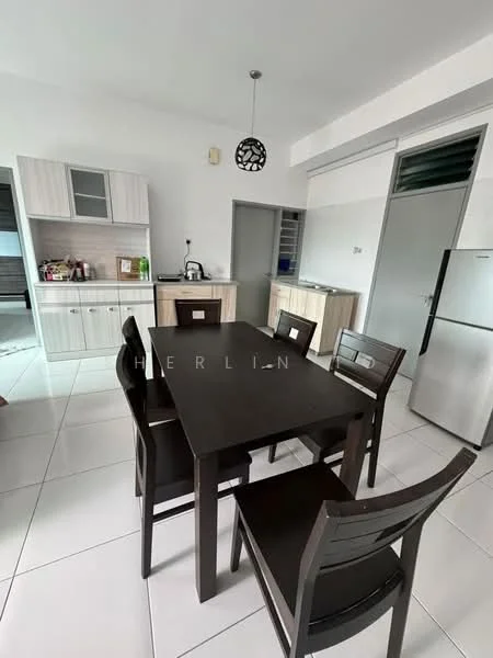 Kitchen features: white painted walls, glossy white tile flooring, wood cabinetry in light color, black dining table, 6 dining chairs in dark wood, stainless-steel fridge, built-in kitchen counter, kitchen appliances on counter, pendant light fixture, open layout, window for natural light; style: modern.