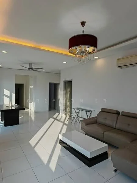 Living features: 3-seater fabric sofa in beige, coffee table with white top, chandelier with crystals, 5-blade ceiling fan with light, recessed LED downlights, white painted walls, glossy white tile flooring, air conditioning unit on wall, glass dining table with metal legs, side table, large windows allowing natural light; style: modern.