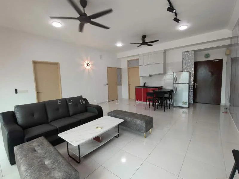 Living features: 3-seater fabric sofa in grey, marble coffee table, 2 upholstered ottomans, wall-mounted TV, ceiling fan with light, recessed downlights, white painted walls, glossy tile flooring, open layout to kitchen and dining area; style: modern. Kitchen features: red cabinetry, stainless-steel fridge, built-in oven, 4-burner gas hob, black countertop, white backsplash, open layout to living area; style: modern. Dining features: 4-seater dining table, black dining chairs, open layout to living area, white walls, glossy tile flooring; style: modern.