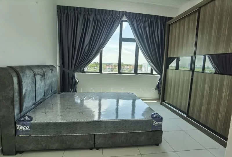 Bedroom features: queen-size bed with upholstered headboard, floor-to-ceiling windows, grey curtains, built-in wardrobe with sliding doors, white painted walls, tile flooring, decorative wall paneling, city view; style: modern; view: city.