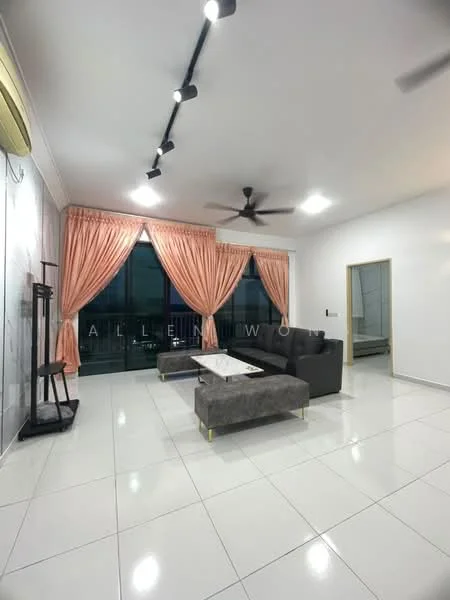 Living features: grey fabric sectional sofa, white coffee table, floor-to-ceiling windows, sheer curtains in peach, recessed LED downlights, 5-blade ceiling fan, white tiled flooring, decorative wall with artwork; style: modern; view: city.