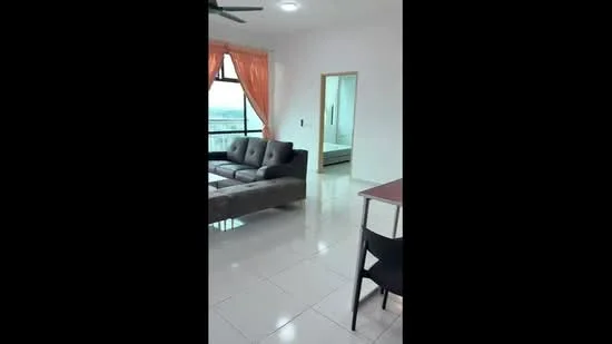 Living features: 3-seater fabric sofa in grey, coffee table, floor-to-ceiling windows, curtains in orange, polished ceramic tile flooring, ceiling fan, wall-mounted mirror, dining table with chairs; style: modern; view: city. Room features: white painted walls, doorway leading to another room, light fixture in ceiling.