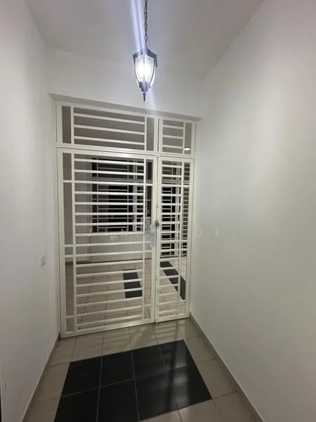 Room features: white painted walls, black and white tiled flooring, glass door with metal grille, hanging pendant light, window with grille, neutral color scheme; style: modern.