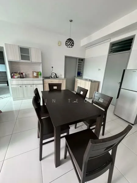 Kitchen features: white walls, tile flooring, wood cabinetry in light colour, black dining table, six dining chairs, stainless-steel fridge, built-in kitchen counter, kitchen sink, kitchen appliances visible, pendant light fixture; style: modern.