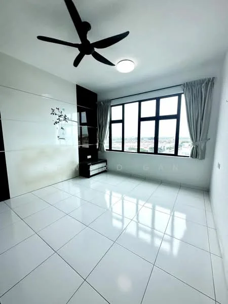 Room features: white painted walls, glossy white tile flooring, 5-blade ceiling fan with light, large floor-to-ceiling windows, sheer curtains, black entertainment unit, decorative wall art, city view; style: modern; view: city.