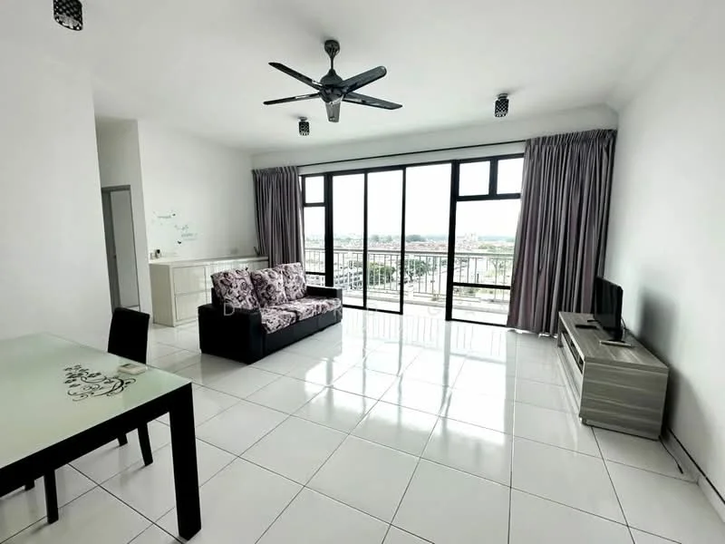 Living features: white painted walls, glossy white tile flooring, 5-blade ceiling fan with light, floor-to-ceiling windows, sliding glass door, grey curtains, black fabric sofa, coffee table, TV console, wall-mounted TV, decorative wall art; style: modern; view: city.