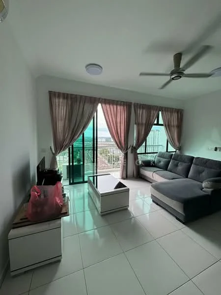 Living features: grey sectional sofa, white coffee table, TV console, floor-to-ceiling windows, sheer curtains, 5-blade ceiling fan, white painted walls, glossy tile flooring, decorative wall light; style: modern; view: city.