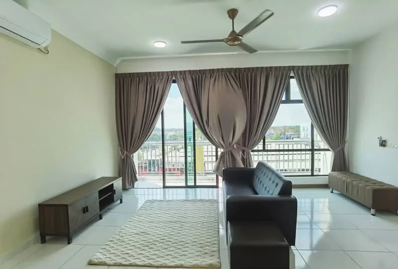 Living features: 3-seater leather sofa, coffee table, TV console, wall-mounted TV, area rug with geometric pattern, floor-to-ceiling windows, sheer curtains, 5-blade ceiling fan with light, white painted walls, polished tile flooring, balcony access, city view; style: modern; view: city.