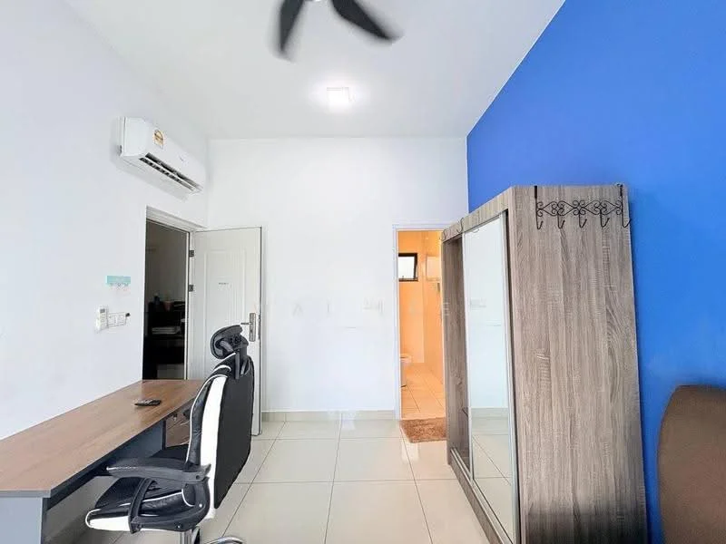 Study features: white painted walls, blue accent wall, glossy tile flooring, 1 wall-mounted split AC, ceiling fan, wooden wardrobe, desk with chair, door leading to bathroom; style: modern.