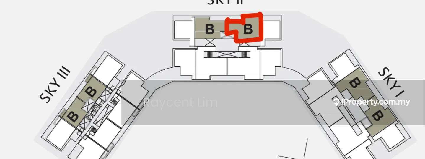 Floor plan: features: layout diagram, marked unit B, adjacent units, building sections labeled Sky I, Sky II, Sky III.