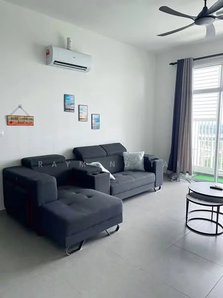 Living features: grey fabric L-shape sectional sofa, round coffee table, 1 wall-mounted split AC, floor-to-ceiling windows, sheer curtains, light grey tiled flooring, white painted walls, ceiling fan with light, decorative wall art, green view from window; style: modern; view: garden.