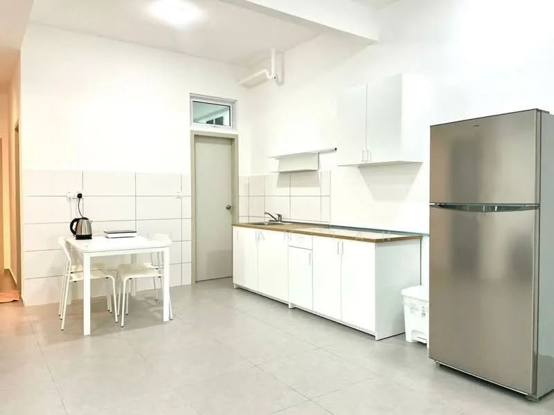 Kitchen features: white cabinetry, stainless-steel fridge, white countertop, single-bowl stainless-steel sink, chrome pull-down faucet, white tiled backsplash, ceramic tile flooring, dining table with four chairs, kettle, wall-mounted cabinets, open shelving; style: modern.
