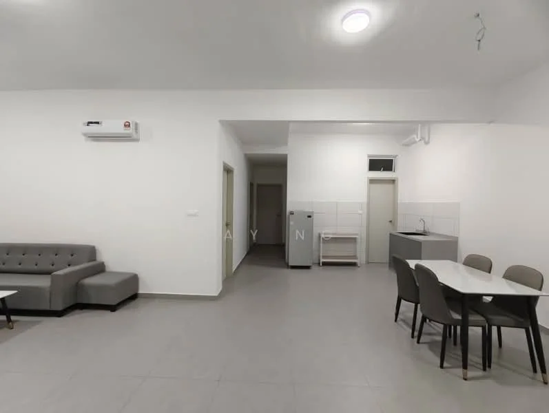 Living features: grey fabric sofa, coffee table, wall-mounted split AC, recessed ceiling light, light grey tiled flooring, white painted walls, open layout to kitchen, area rug; style: modern. Kitchen features: grey cabinetry, single-bowl stainless-steel sink, countertop, refrigerator, white tiled backsplash; style: modern.