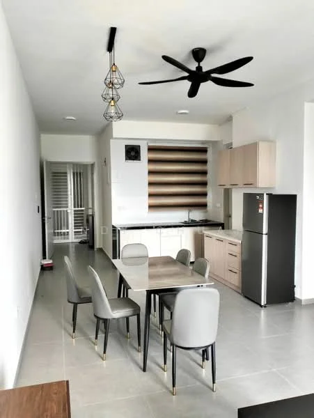 Dining features: dining table with 6 chairs, pendant lighting with geometric design, ceiling fan, grey tiled flooring, white painted walls, kitchen cabinetry with wood finish, stainless-steel fridge, open kitchen layout, wall-mounted air conditioning unit, kitchen countertop with backsplash; style: modern.