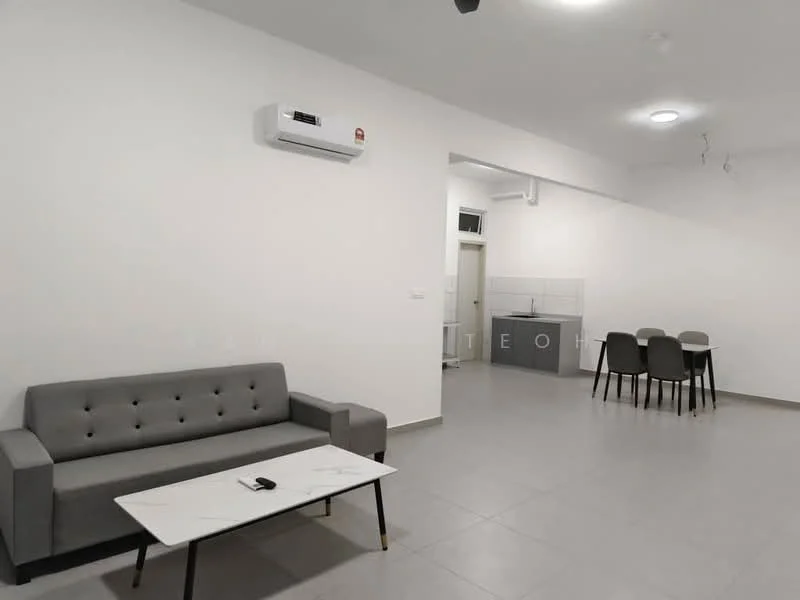 Living features: grey fabric sofa, marble-top coffee table, wall-mounted split AC, light grey tiled flooring, white painted walls, recessed ceiling lights, open layout, dining area visible in background; style: modern. Dining features: 4-seater dining table, grey upholstered dining chairs, light grey tiled flooring, white painted walls; style: modern. Kitchen features: kitchen counter with sink, white cabinetry, grey backsplash, light grey tiled flooring, white painted walls; style: modern.
