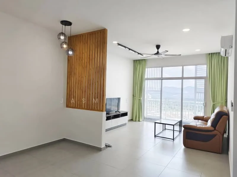 Living features: light grey tile flooring, white painted walls, wood feature wall, 5-blade ceiling fan with light, recessed downlights, large floor-to-ceiling windows, green curtains, brown leather sofa, TV console, wall-mounted TV, open layout, city view; style: modern; view: city.