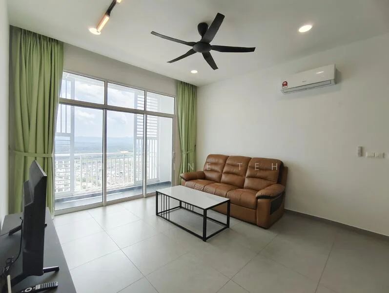 Living features: 3-seater brown leather sofa, black coffee table, floor-to-ceiling windows, green curtains, wall-mounted split AC, recessed downlights, grey tiled flooring, ceiling fan with light; style: modern; view: city.