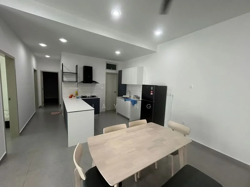 Kitchen features: white cabinetry, black refrigerator, stainless-steel sink, chrome pull-down faucet, white countertop, ceramic tile flooring, recessed downlights, open shelving, built-in oven, freestanding range oven, kitchen island, dining table with chairs; style: modern. Dining features: dining table, 4 dining chairs; style: modern.