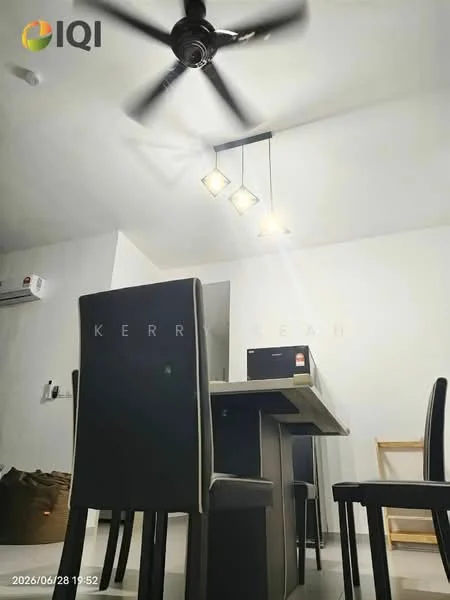 Dining features: 4-seater dining table, grey upholstered dining chairs, ceiling fan with 3 blades, recessed LED downlights, white painted walls, light-colored flooring, air conditioning unit on wall, decorative wall art; style: modern.