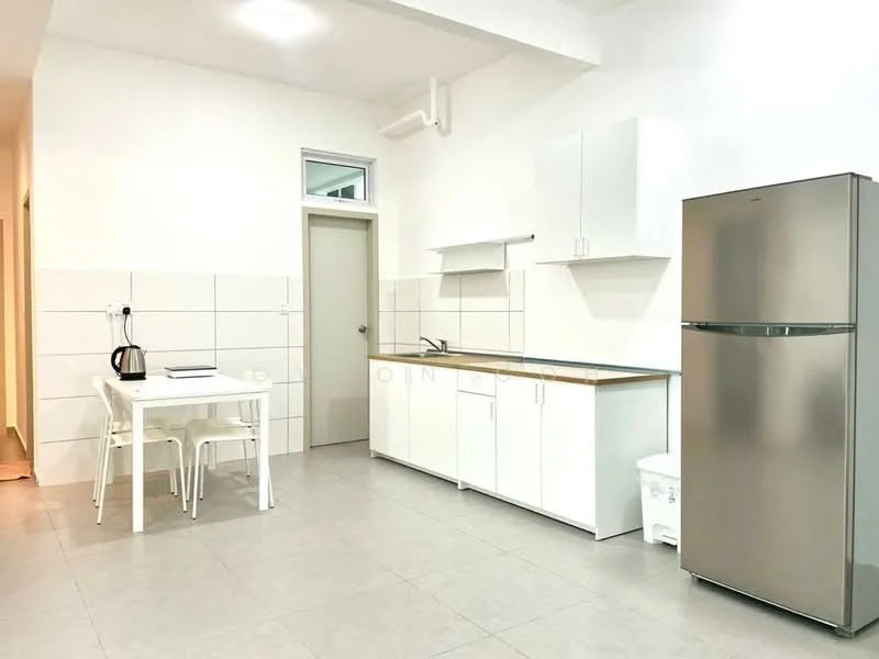 Kitchen features: white painted walls, grey tile flooring, stainless-steel fridge, white cabinetry, wood countertop, white dining table, two white chairs, kettle, sink, wall-mounted shelf; style: modern.