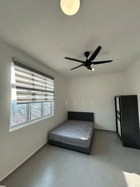 Bedroom features: grey upholstered bed, single bed, ceiling fan, white painted walls, large windows, roller blinds, tile flooring, built-in wardrobe in black; style: modern; view: city.