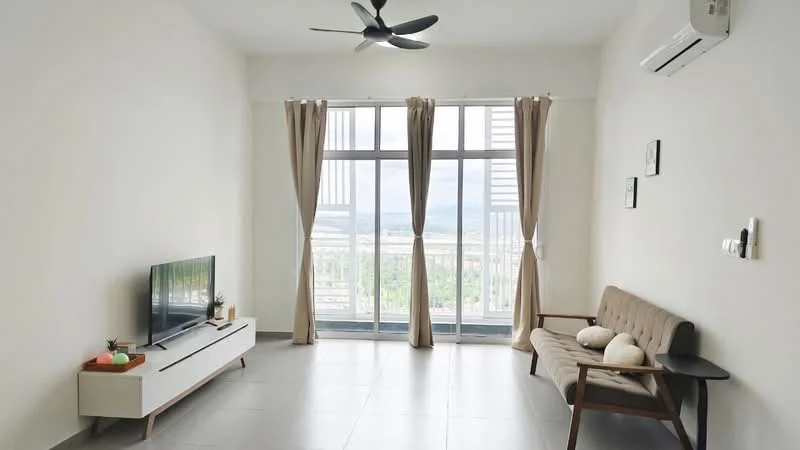 Living features: light grey tiled flooring, white painted walls, floor-to-ceiling windows, sheer curtains, 5-blade ceiling fan, wall-mounted TV, wooden sofa, white TV console, decorative items on console, mountain view; style: modern; view: mountain.
