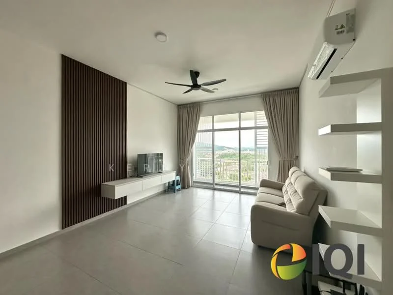 Living features: light grey tiled flooring, white painted walls, wood accent wall in dark brown, 5-blade ceiling fan with light, floor-to-ceiling sliding glass door, sheer curtains, white TV console, light beige 2-seater fabric sofa, wall-mounted shelves, recessed LED downlights; style: modern; view: city.
