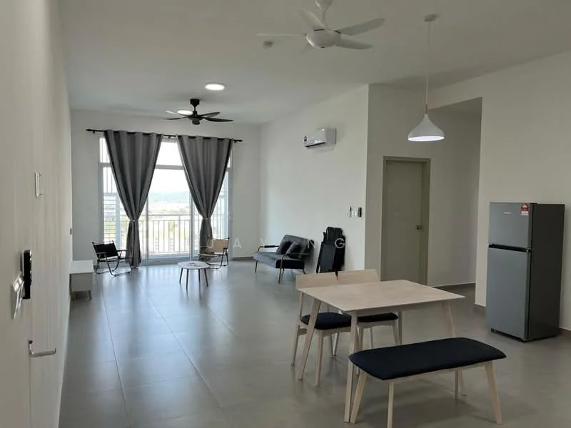 Living features: white painted walls, grey tile flooring, 5-blade ceiling fan, recessed downlights, floor-to-ceiling windows, sheer curtains, blackout curtains, 2-seater leather sofa, coffee table, dining table with 4 chairs, fridge, air conditioning unit; style: modern; view: city.