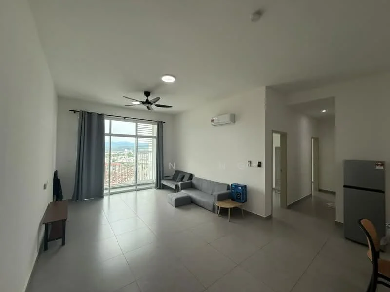 Living features: grey fabric L-shape sectional sofa, coffee table, floor-to-ceiling windows, curtains, 5-blade ceiling fan with light, wall-mounted split AC, light grey tiled flooring, white painted walls; style: modern; view: city. Room features: doorway leading to other rooms, grey refrigerator.