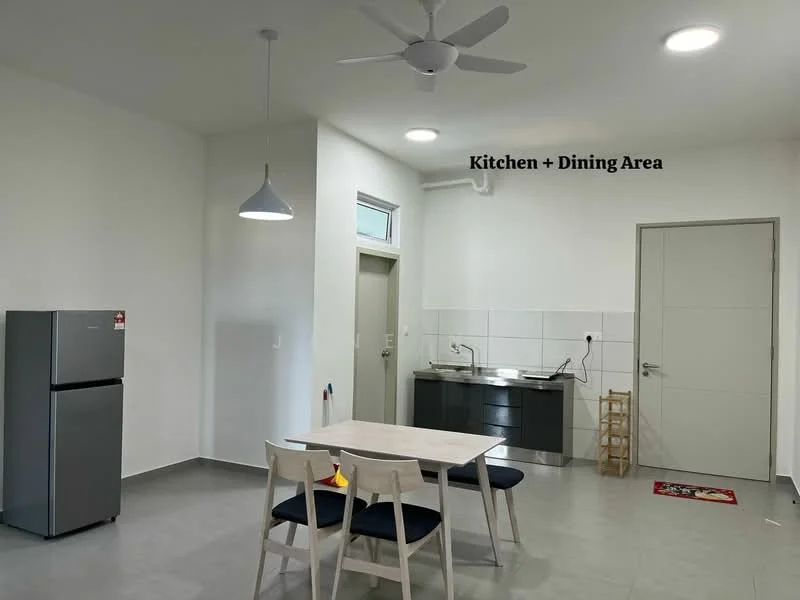 Kitchen features: grey cabinetry, stainless-steel fridge, single-bowl stainless-steel sink, chrome pull-down faucet, white walls, tile flooring, recessed downlights, ceiling fan, dining table with four chairs, pendant light, window with natural light; style: modern.