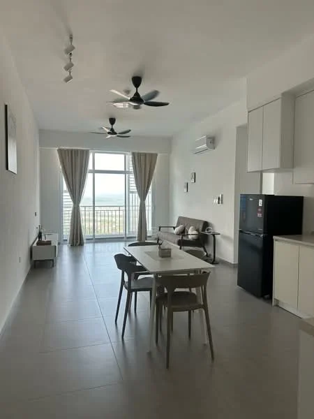 Living features: white painted walls, grey tiled flooring, 5-blade ceiling fan with light, 2 ceiling fans, floor-to-ceiling windows, sheer curtains, dining table with 4 chairs, black fridge, wall-mounted air conditioning unit, sofa, decorative wall sconce; style: modern; view: city.