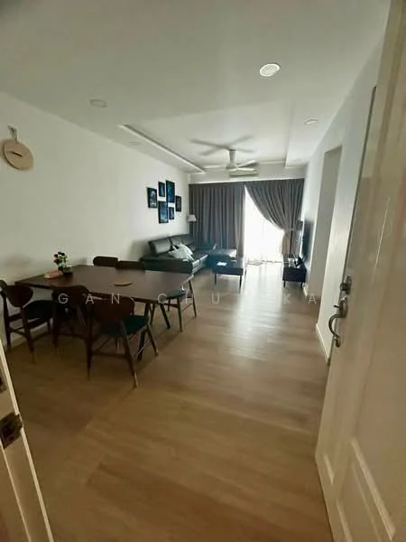 Living features: light wood flooring, white painted walls, 5-blade ceiling fan, sofa in grey, dining table with chairs, floor-to-ceiling windows, curtains, wall-mounted TV, decorative wall art, clock on wall; style: modern; view: garden.