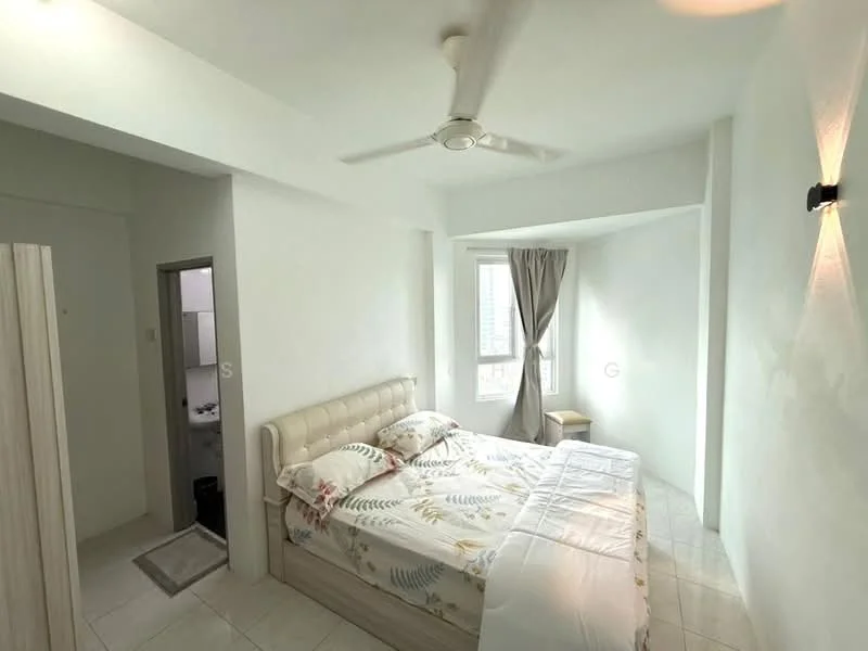 Bedroom features: queen-size bed with upholstered headboard, bedding with floral pattern, nightstand, floor-to-ceiling window, curtains, ceiling fan, white painted walls, tile flooring, built-in wardrobe, wall-mounted light fixture; style: modern; view: city.