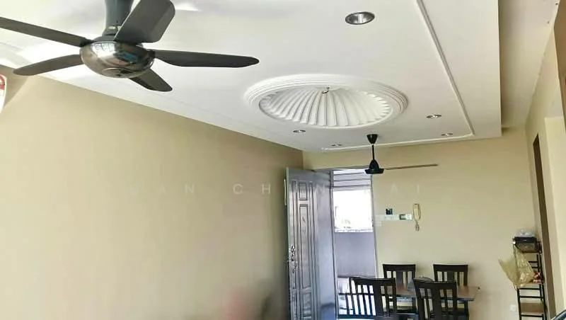 Dining features: 5-blade ceiling fan with integrated LED light, tray ceiling, cream painted walls, wooden dining table, 4 wooden dining chairs, door leading to balcony, wall-mounted intercom, light switch; style: modern.