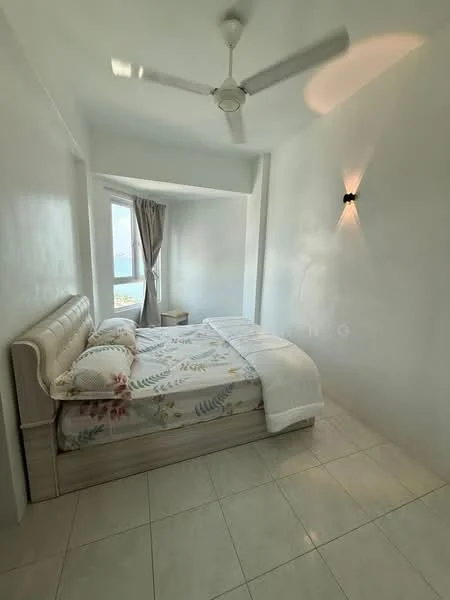 Bedroom features: queen-size bed, upholstered headboard, white bedding with floral pattern, floor-to-ceiling window, curtains, wall-mounted sconce light, 5-blade ceiling fan, light-colored tiled flooring, white painted walls; style: modern; view: city.
